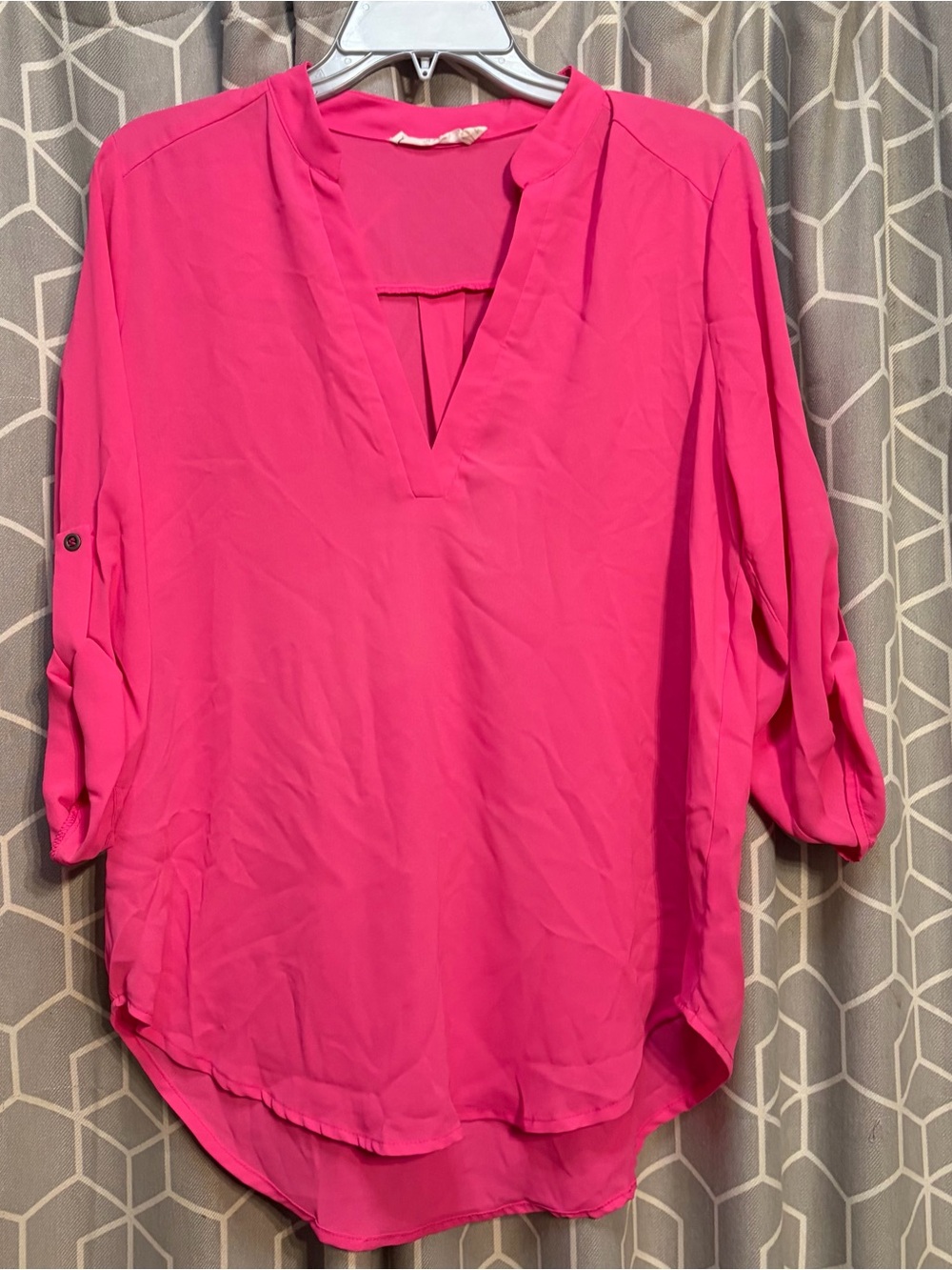 Lush Hot Pink V-Neck Roll-Sleeve Blouse